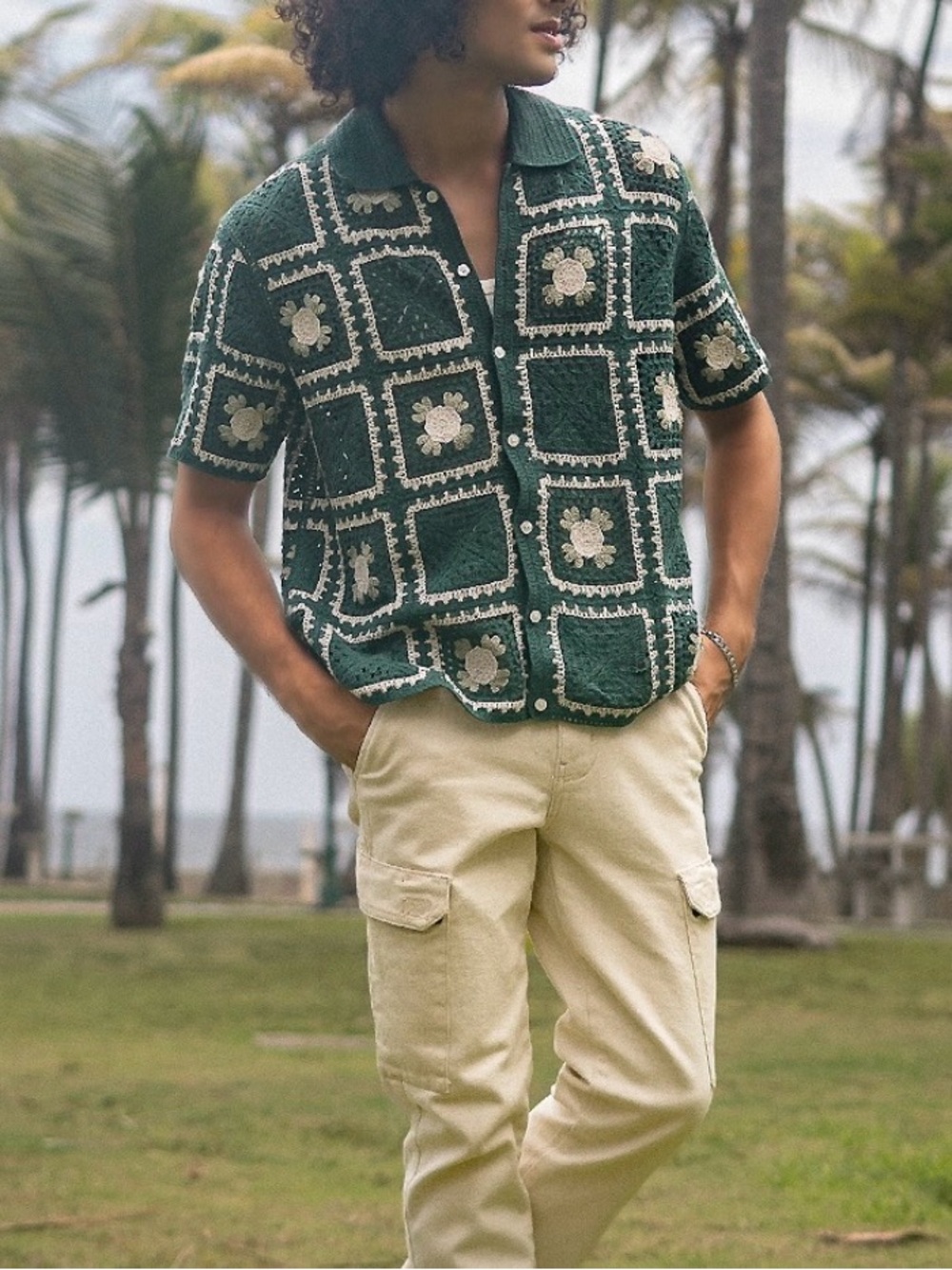 Abercrombie & Fitch Crochet Shirt Mens Granny Square Cotton Resort Green Retro